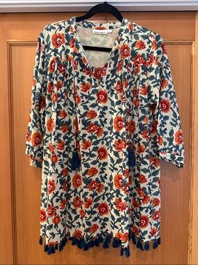 Roller Rabbit Cream Tunic with Orange Floral & Teal Tassels